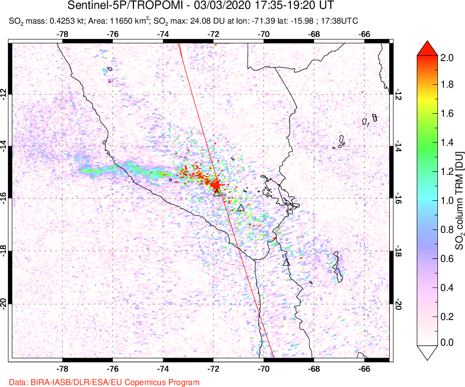 A sulfur dioxide image over Peru on Mar 03, 2020.