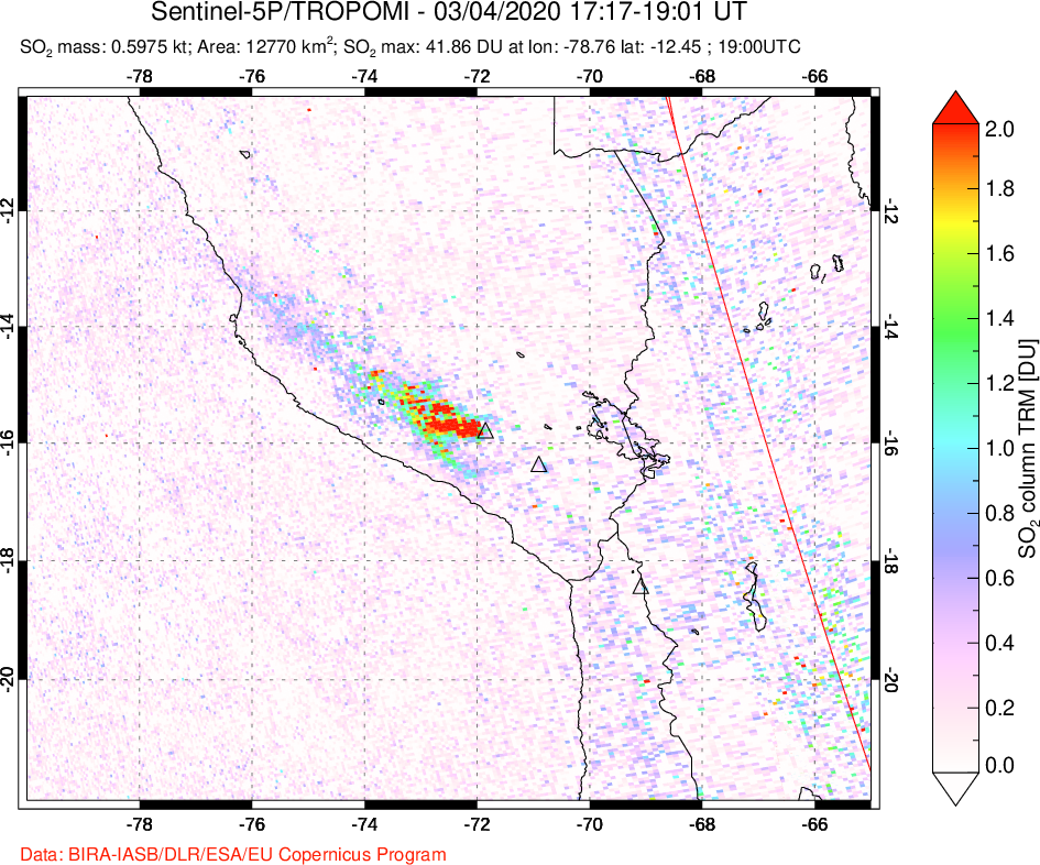 A sulfur dioxide image over Peru on Mar 04, 2020.