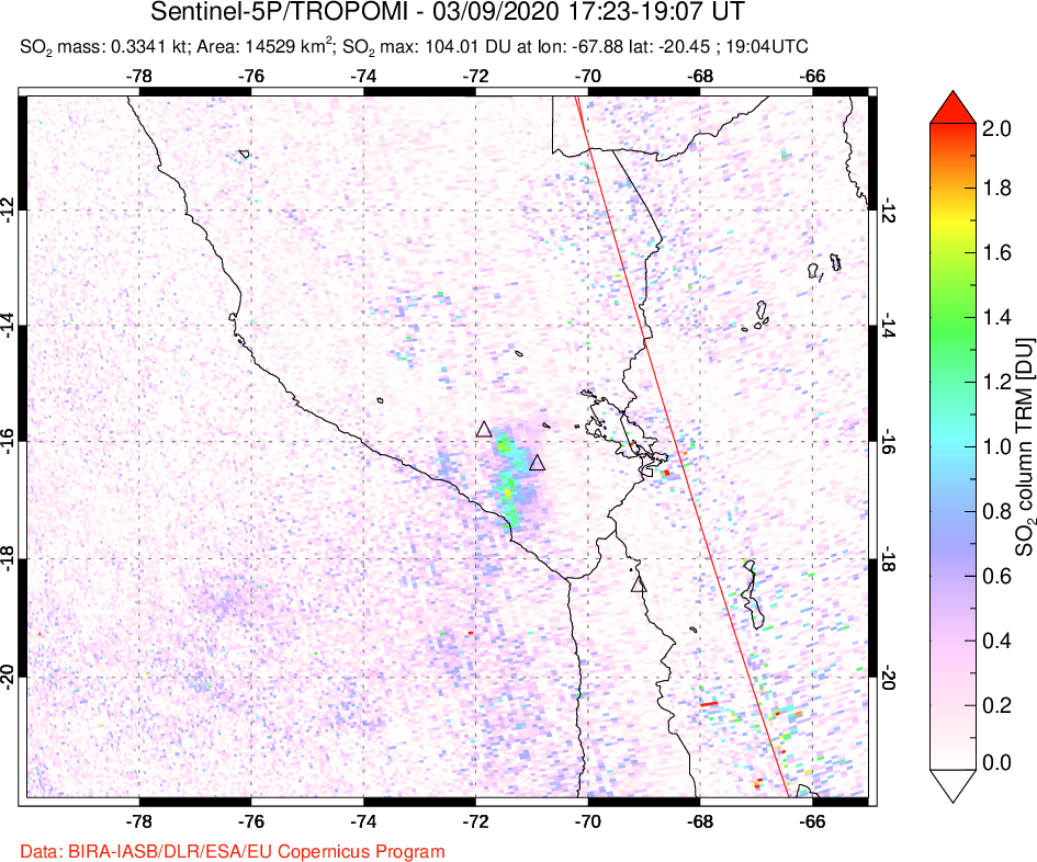 A sulfur dioxide image over Peru on Mar 09, 2020.