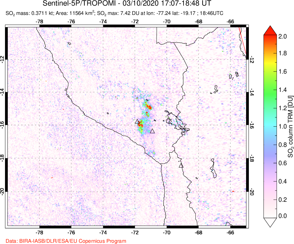 A sulfur dioxide image over Peru on Mar 10, 2020.