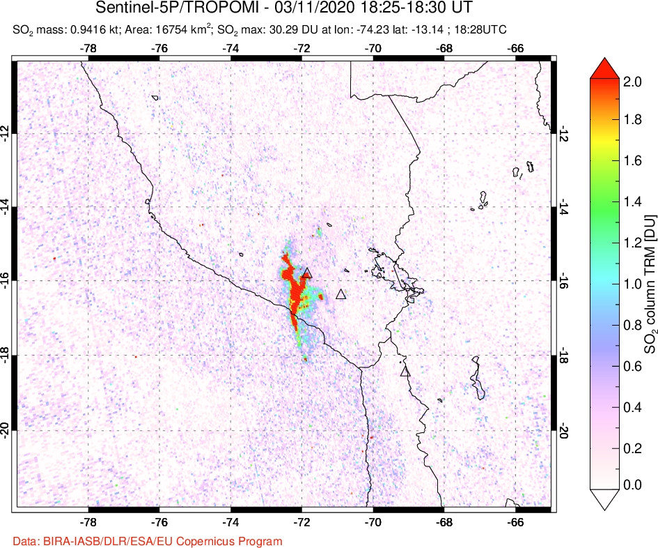 A sulfur dioxide image over Peru on Mar 11, 2020.