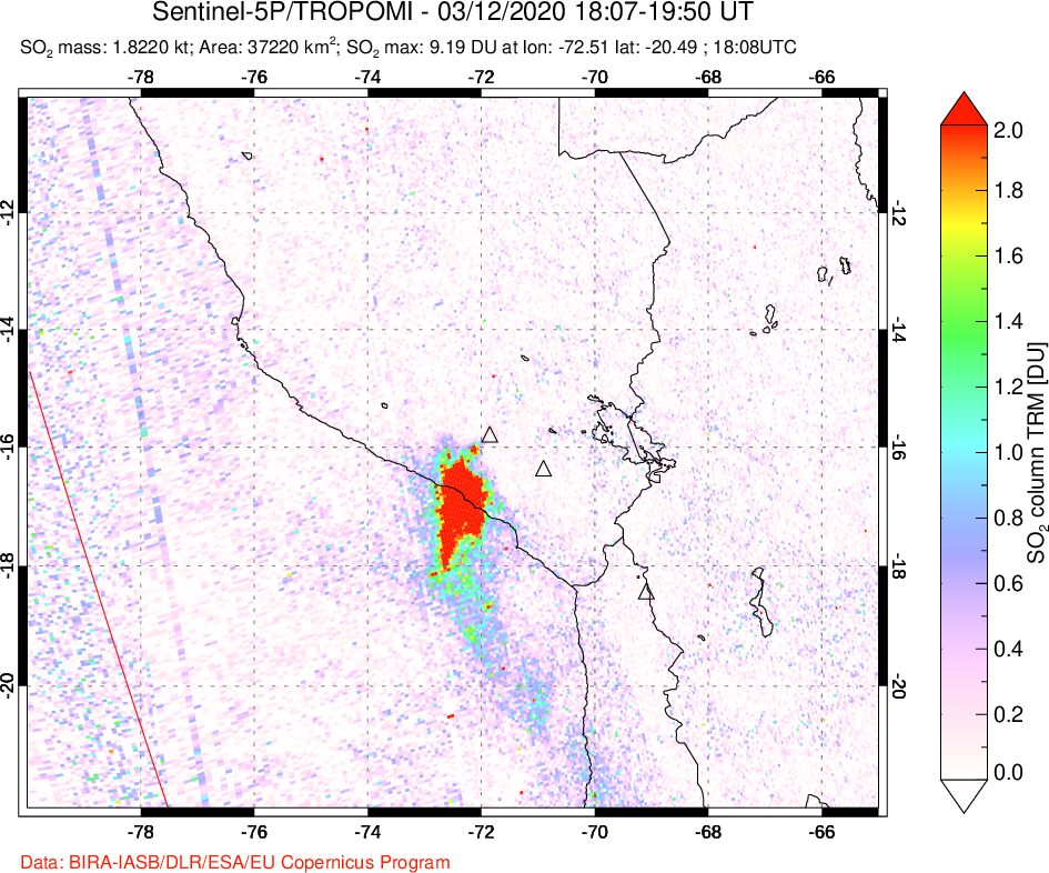A sulfur dioxide image over Peru on Mar 12, 2020.