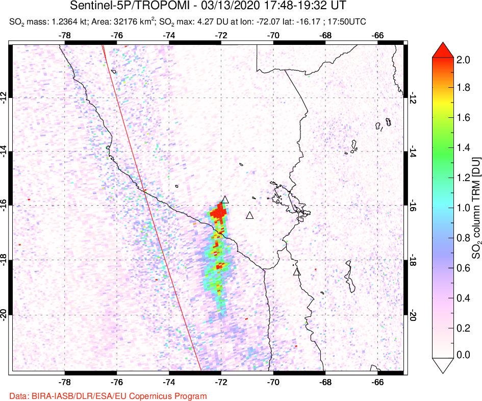 A sulfur dioxide image over Peru on Mar 13, 2020.