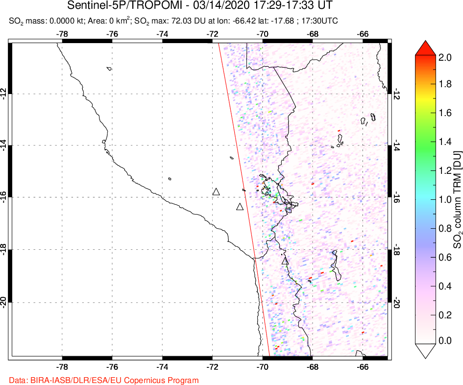 A sulfur dioxide image over Peru on Mar 14, 2020.