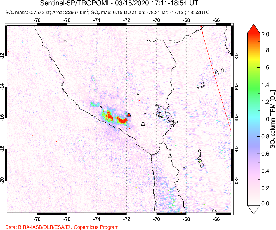 A sulfur dioxide image over Peru on Mar 15, 2020.