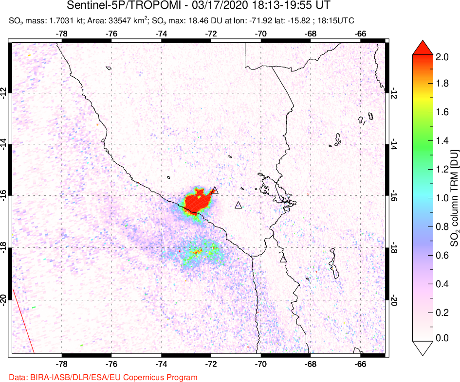 A sulfur dioxide image over Peru on Mar 17, 2020.