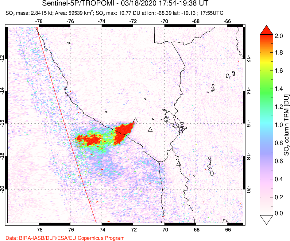 A sulfur dioxide image over Peru on Mar 18, 2020.