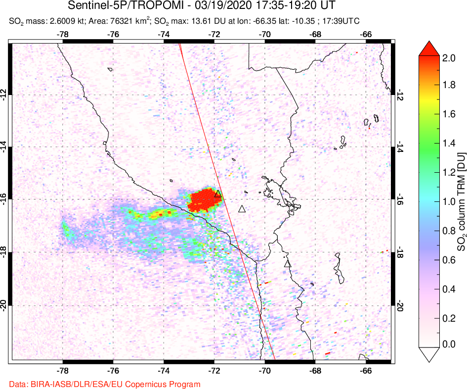 A sulfur dioxide image over Peru on Mar 19, 2020.