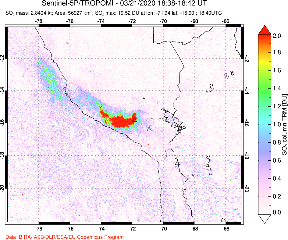 A sulfur dioxide image over Peru on Mar 21, 2020.