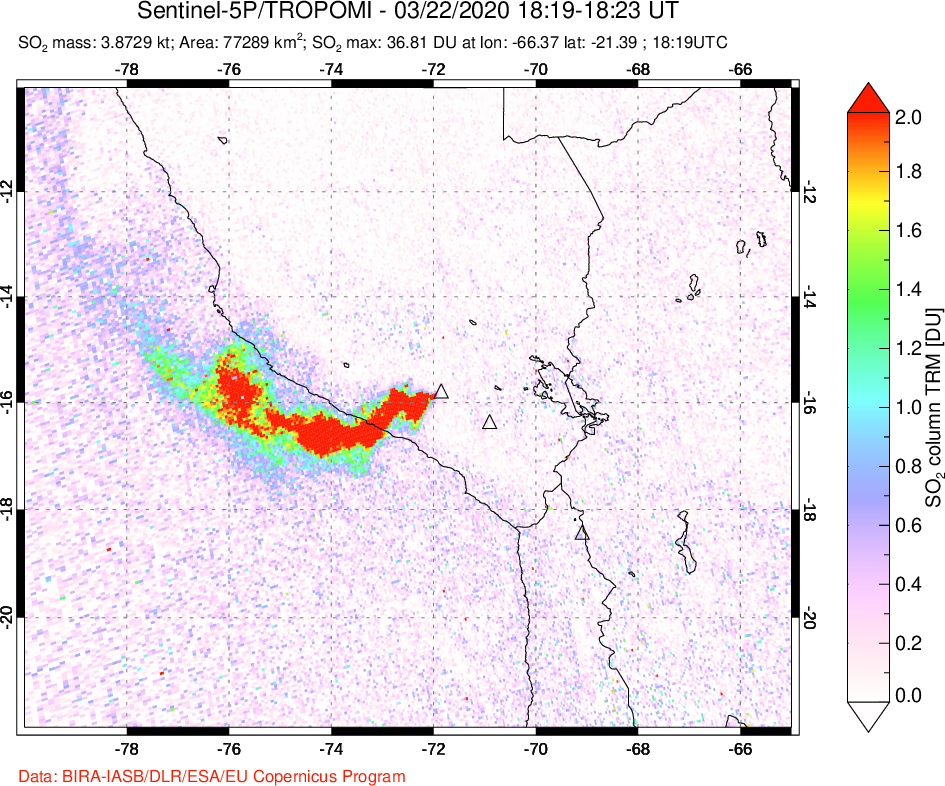 A sulfur dioxide image over Peru on Mar 22, 2020.