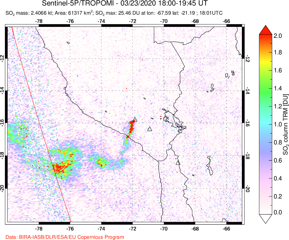 A sulfur dioxide image over Peru on Mar 23, 2020.