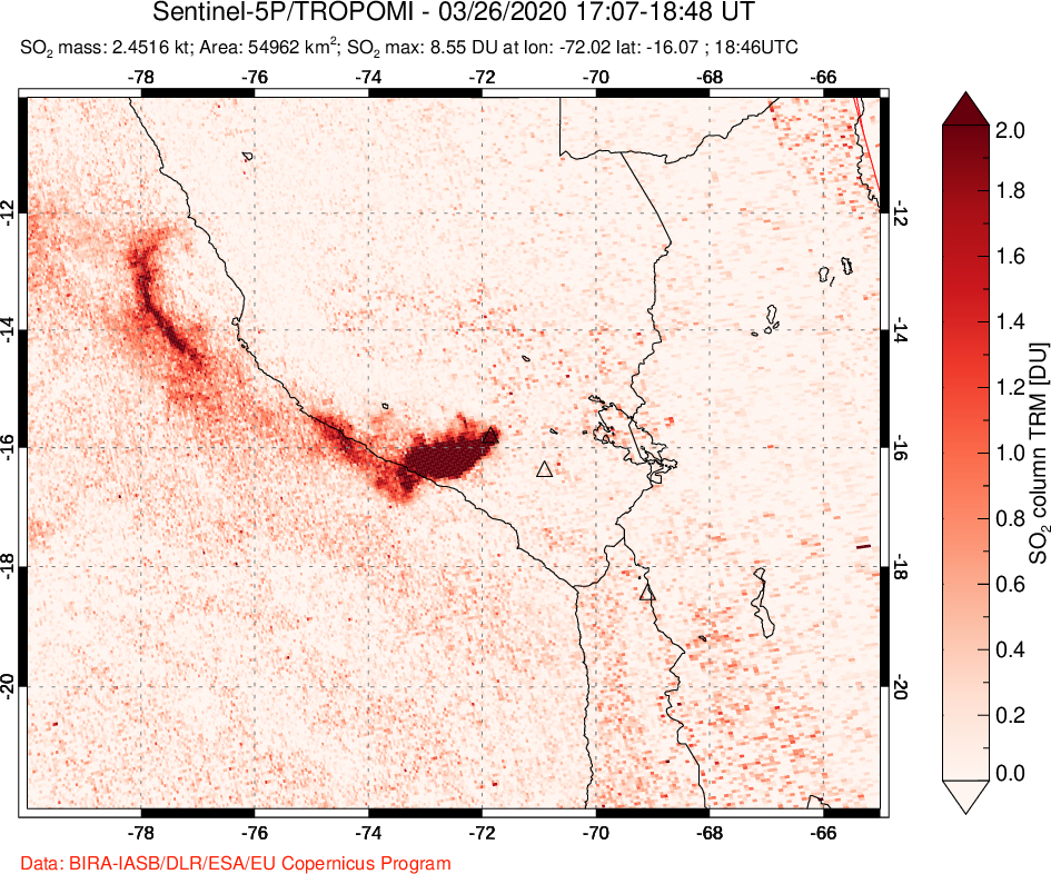 A sulfur dioxide image over Peru on Mar 26, 2020.