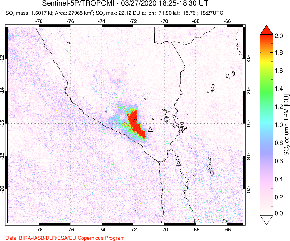 A sulfur dioxide image over Peru on Mar 27, 2020.