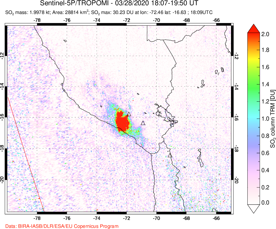 A sulfur dioxide image over Peru on Mar 28, 2020.