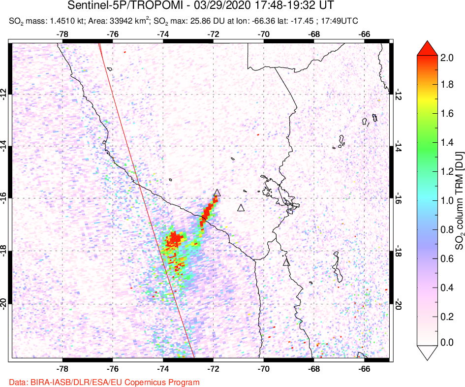 A sulfur dioxide image over Peru on Mar 29, 2020.
