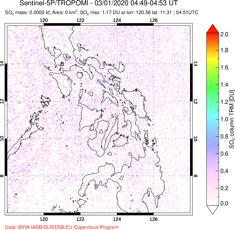 A sulfur dioxide image over Philippines on Mar 01, 2020.