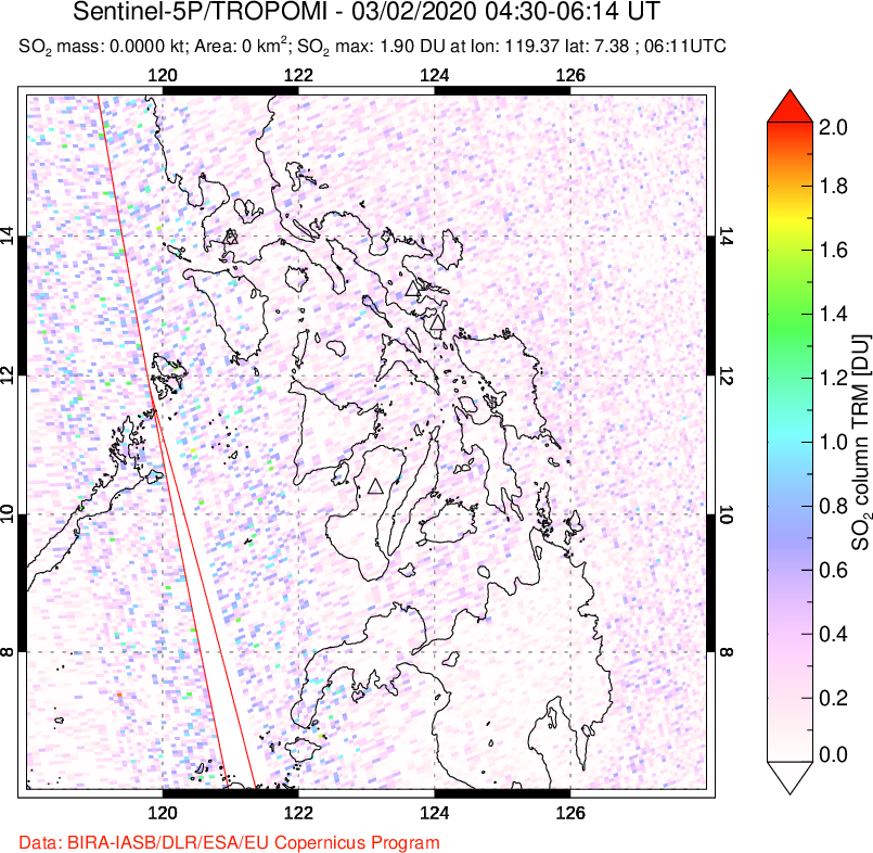 A sulfur dioxide image over Philippines on Mar 02, 2020.