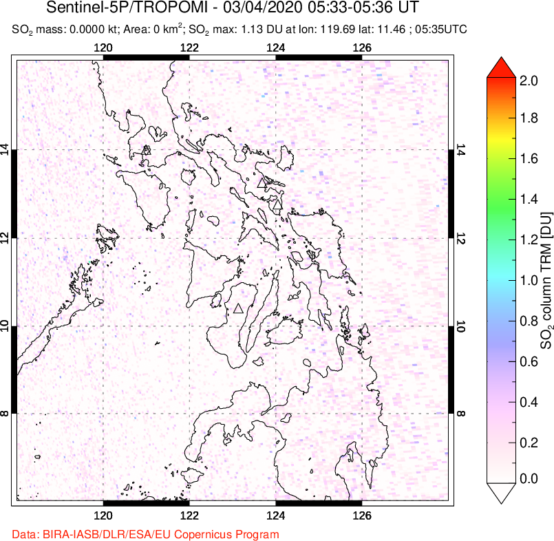 A sulfur dioxide image over Philippines on Mar 04, 2020.