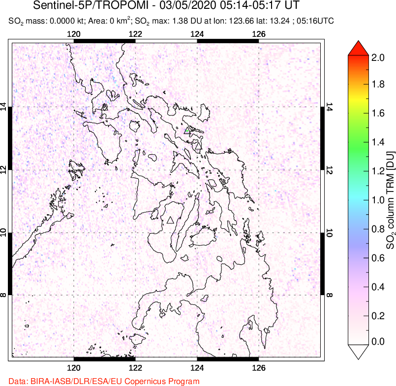 A sulfur dioxide image over Philippines on Mar 05, 2020.