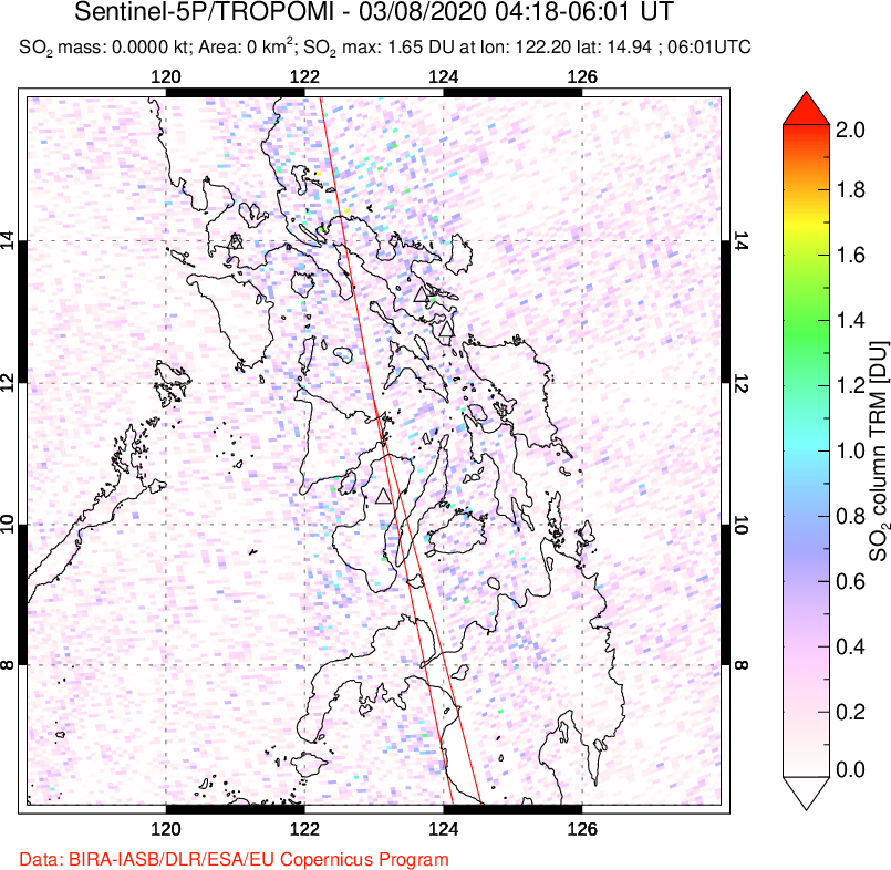 A sulfur dioxide image over Philippines on Mar 08, 2020.
