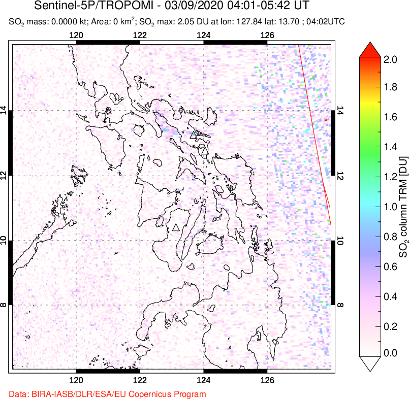 A sulfur dioxide image over Philippines on Mar 09, 2020.
