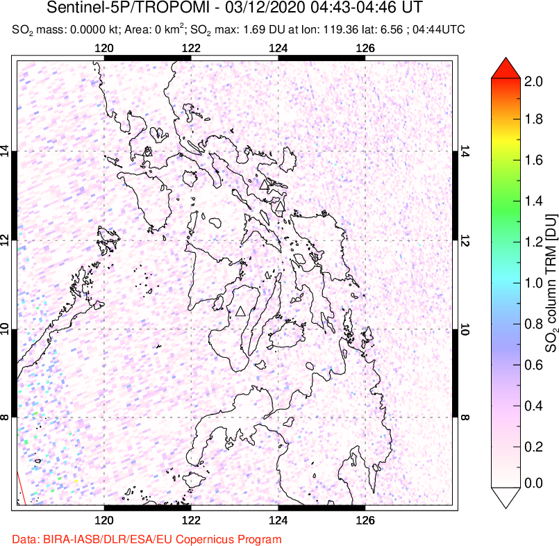 A sulfur dioxide image over Philippines on Mar 12, 2020.