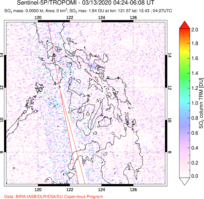 A sulfur dioxide image over Philippines on Mar 13, 2020.