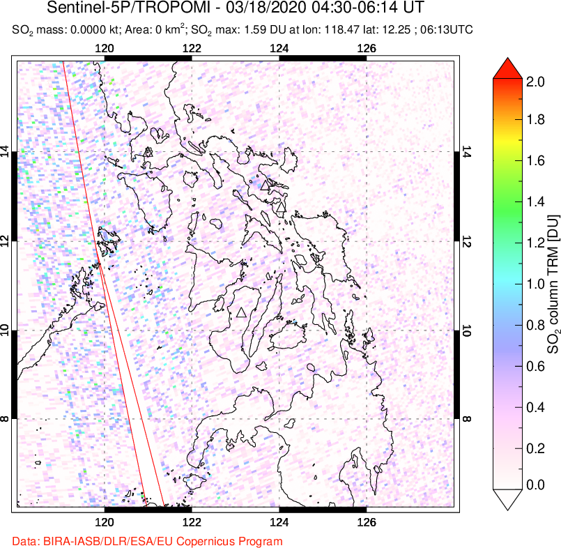 A sulfur dioxide image over Philippines on Mar 18, 2020.