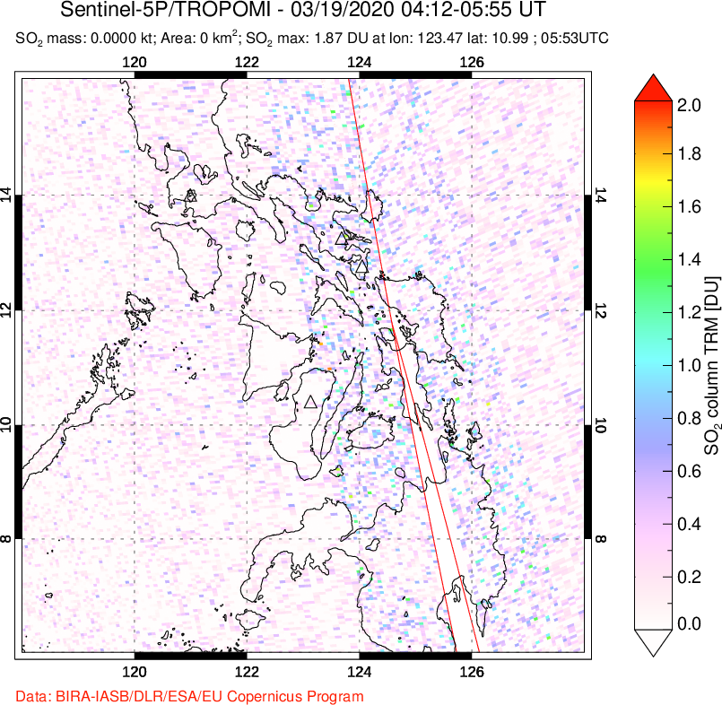 A sulfur dioxide image over Philippines on Mar 19, 2020.