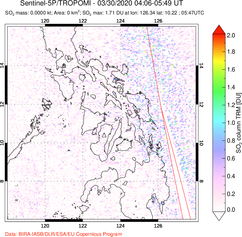 A sulfur dioxide image over Philippines on Mar 30, 2020.
