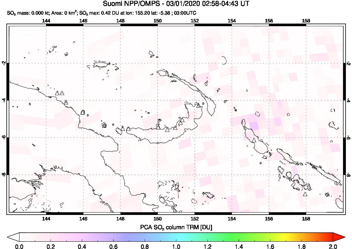 A sulfur dioxide image over Papua, New Guinea on Mar 01, 2020.