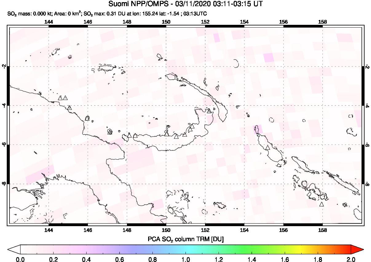 A sulfur dioxide image over Papua, New Guinea on Mar 11, 2020.