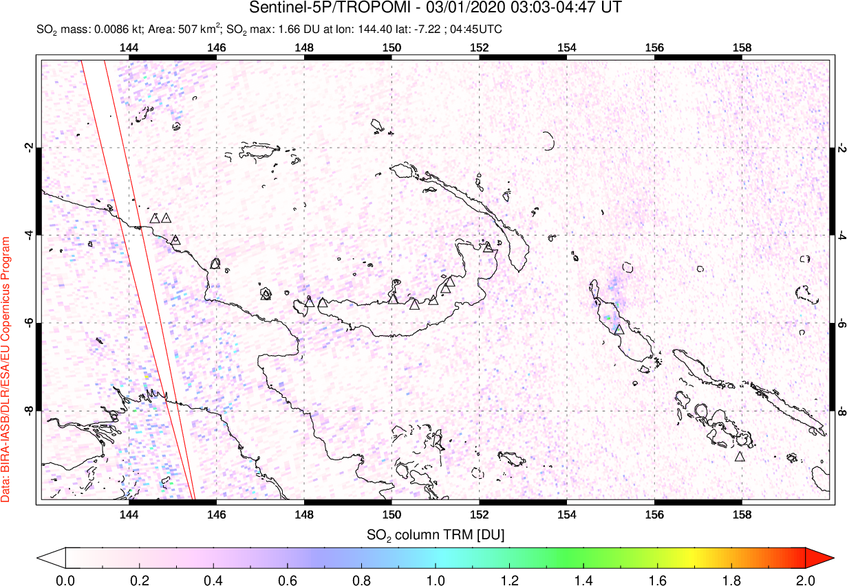 A sulfur dioxide image over Papua, New Guinea on Mar 01, 2020.