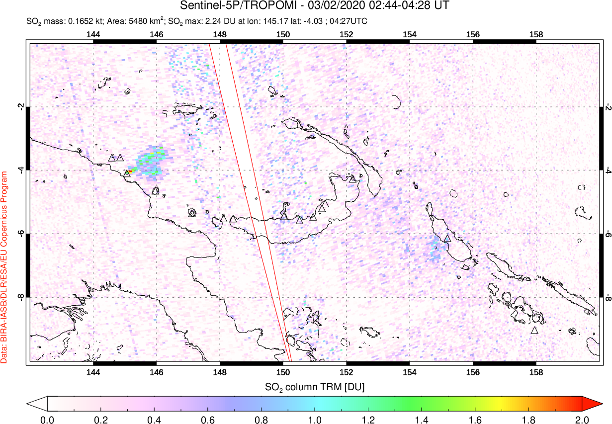 A sulfur dioxide image over Papua, New Guinea on Mar 02, 2020.