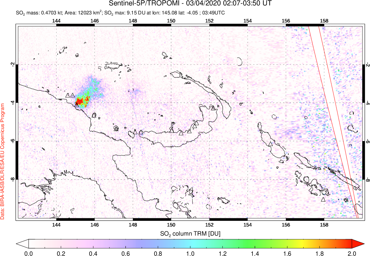 A sulfur dioxide image over Papua, New Guinea on Mar 04, 2020.