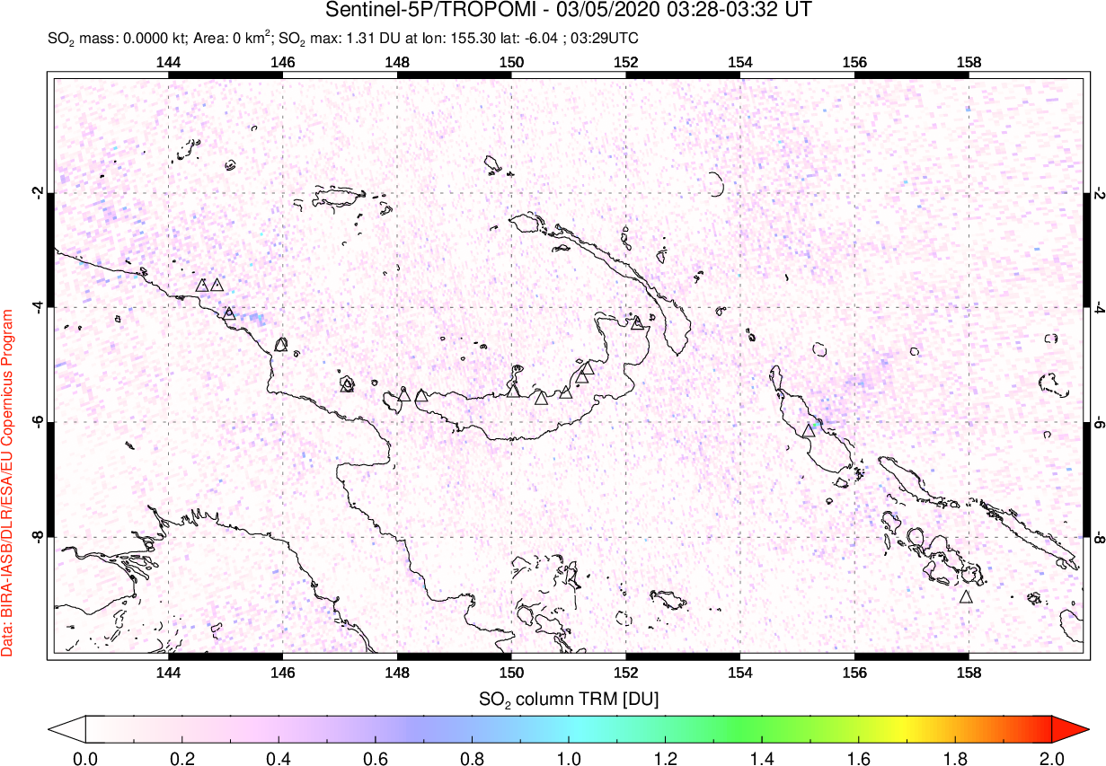 A sulfur dioxide image over Papua, New Guinea on Mar 05, 2020.