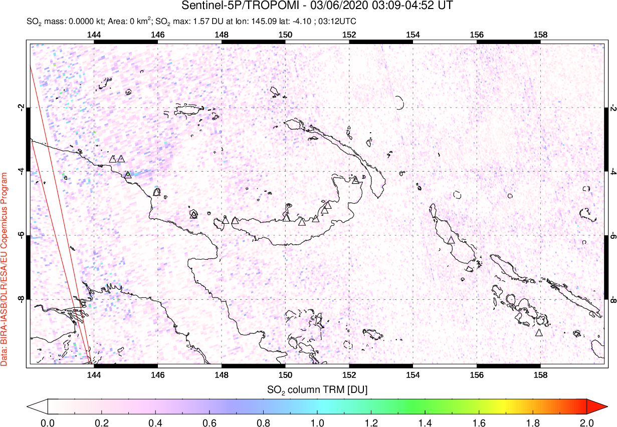 A sulfur dioxide image over Papua, New Guinea on Mar 06, 2020.