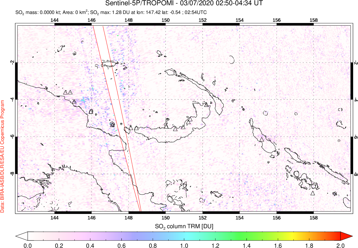 A sulfur dioxide image over Papua, New Guinea on Mar 07, 2020.