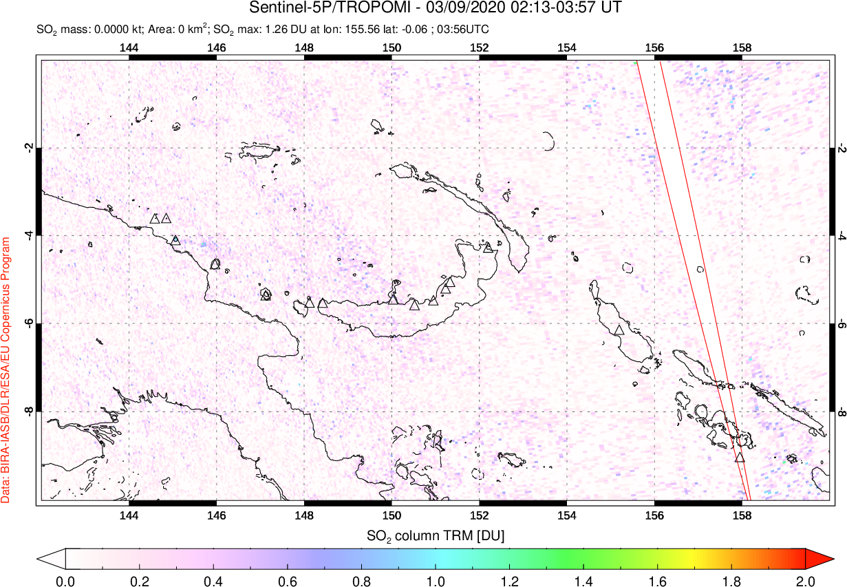 A sulfur dioxide image over Papua, New Guinea on Mar 09, 2020.