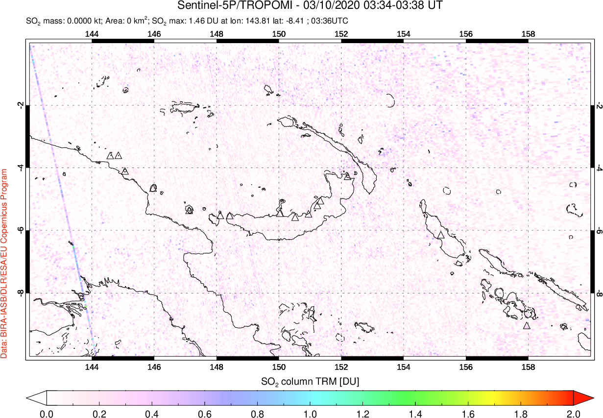 A sulfur dioxide image over Papua, New Guinea on Mar 10, 2020.