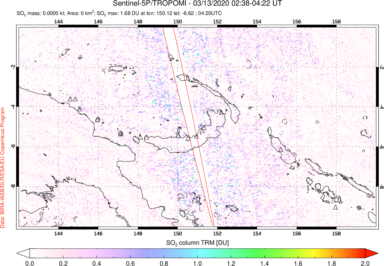 A sulfur dioxide image over Papua, New Guinea on Mar 13, 2020.