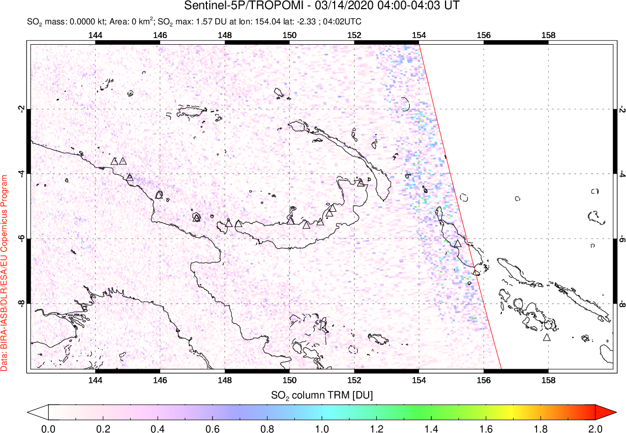A sulfur dioxide image over Papua, New Guinea on Mar 14, 2020.