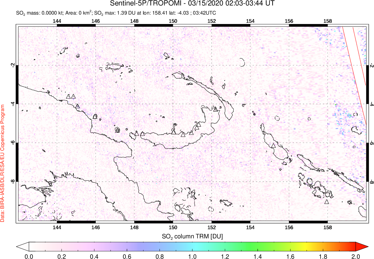 A sulfur dioxide image over Papua, New Guinea on Mar 15, 2020.