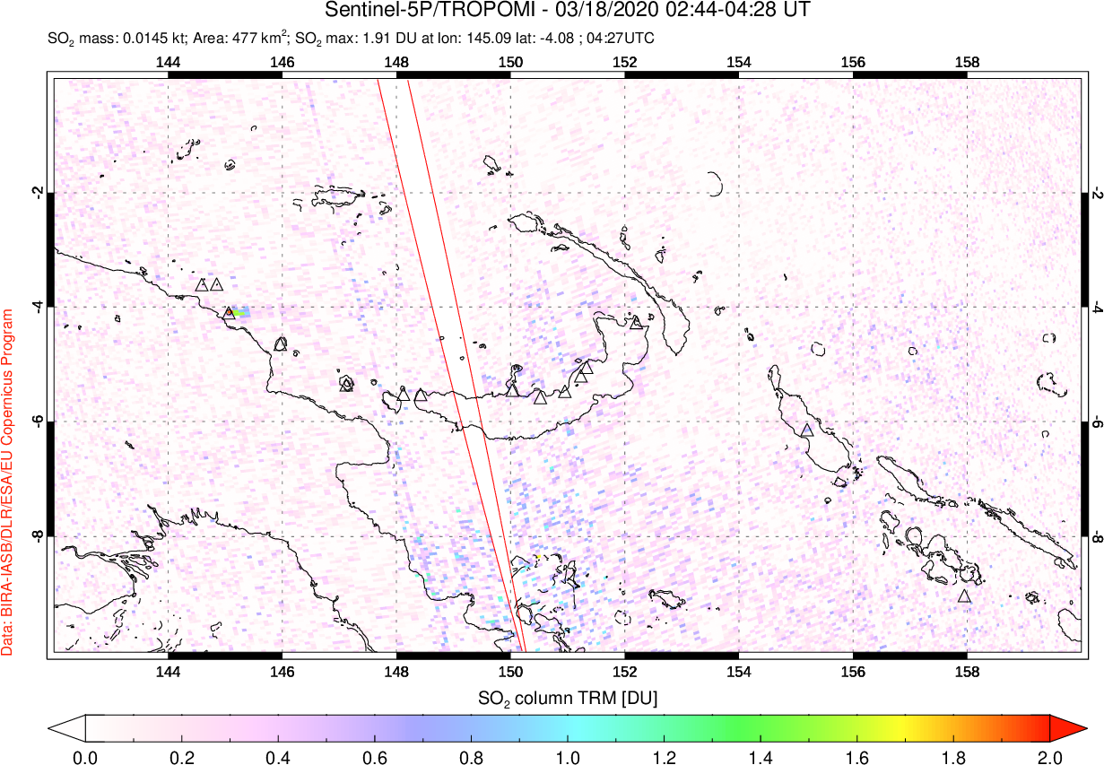 A sulfur dioxide image over Papua, New Guinea on Mar 18, 2020.