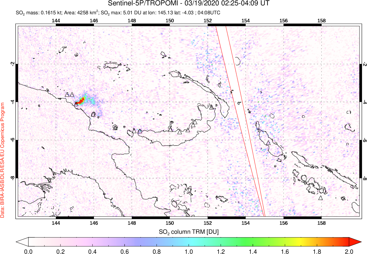 A sulfur dioxide image over Papua, New Guinea on Mar 19, 2020.
