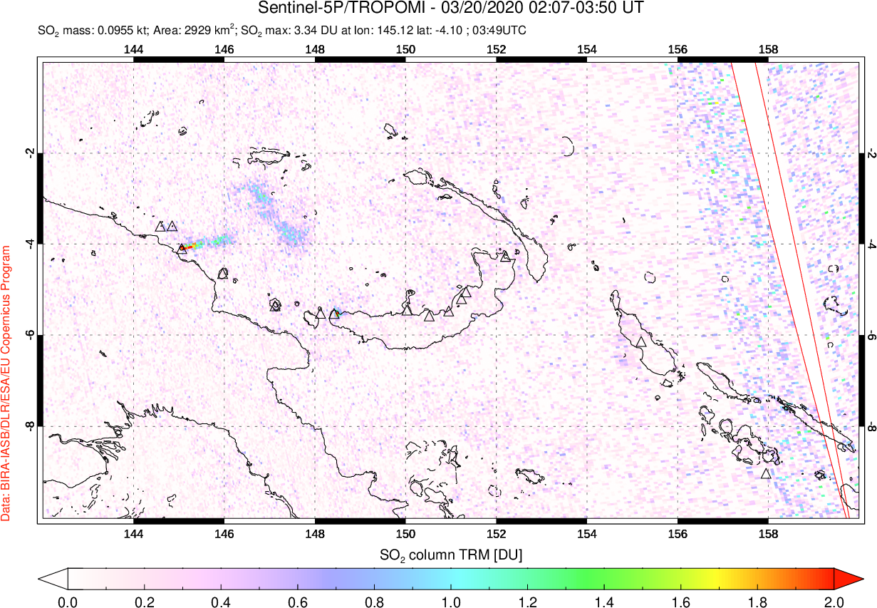 A sulfur dioxide image over Papua, New Guinea on Mar 20, 2020.