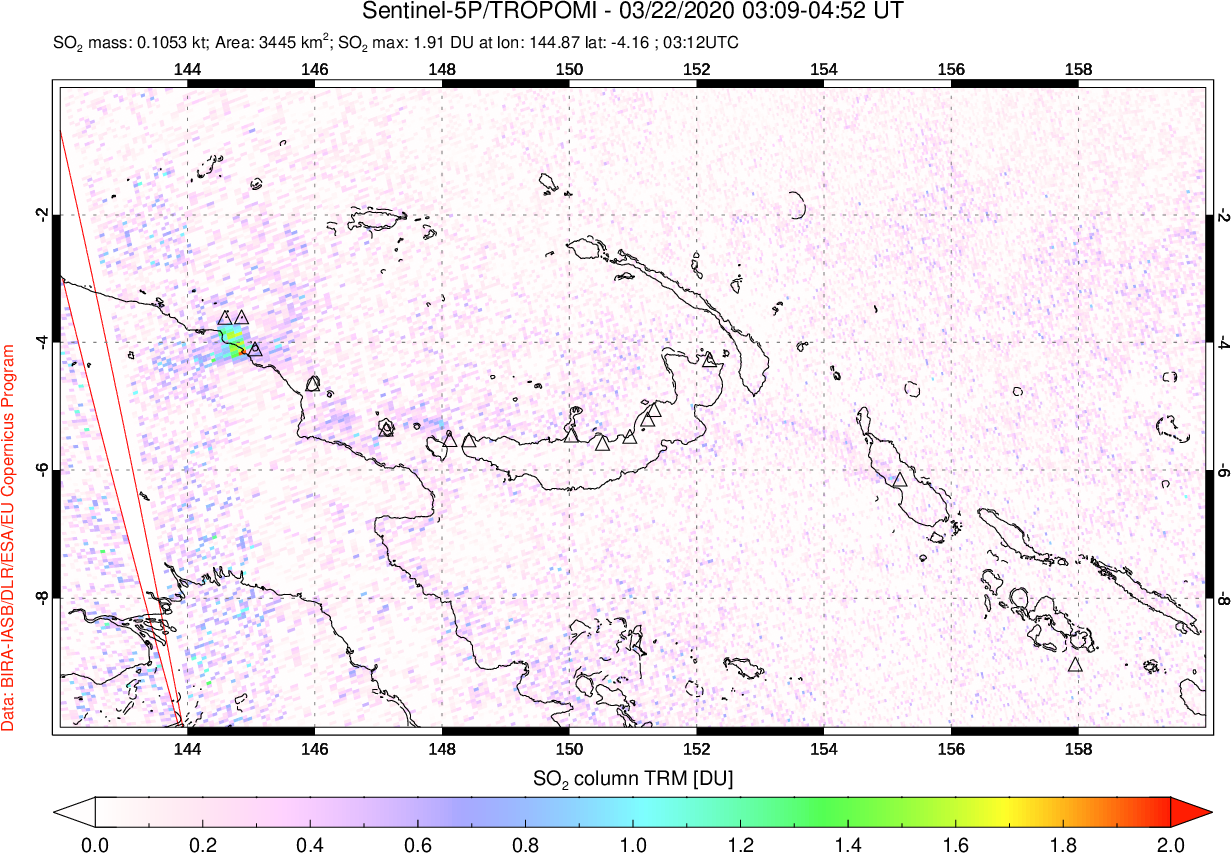 A sulfur dioxide image over Papua, New Guinea on Mar 22, 2020.