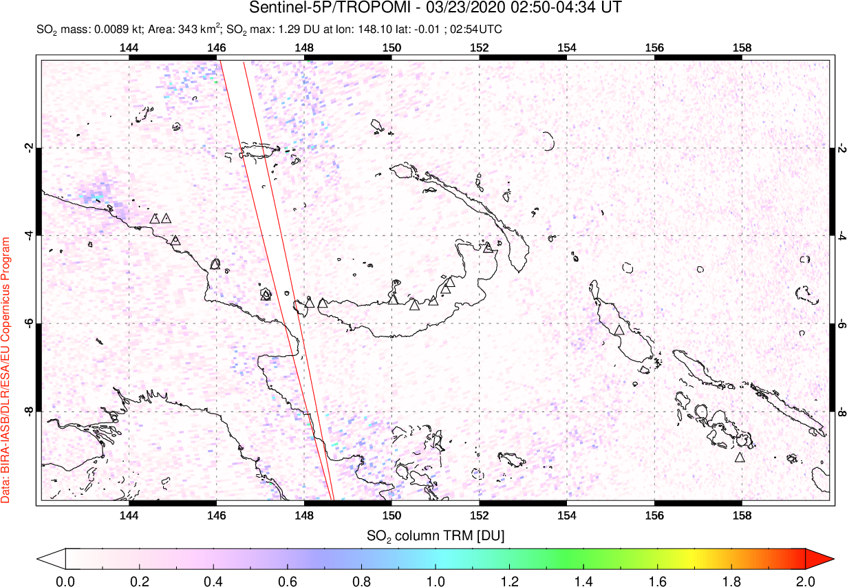 A sulfur dioxide image over Papua, New Guinea on Mar 23, 2020.
