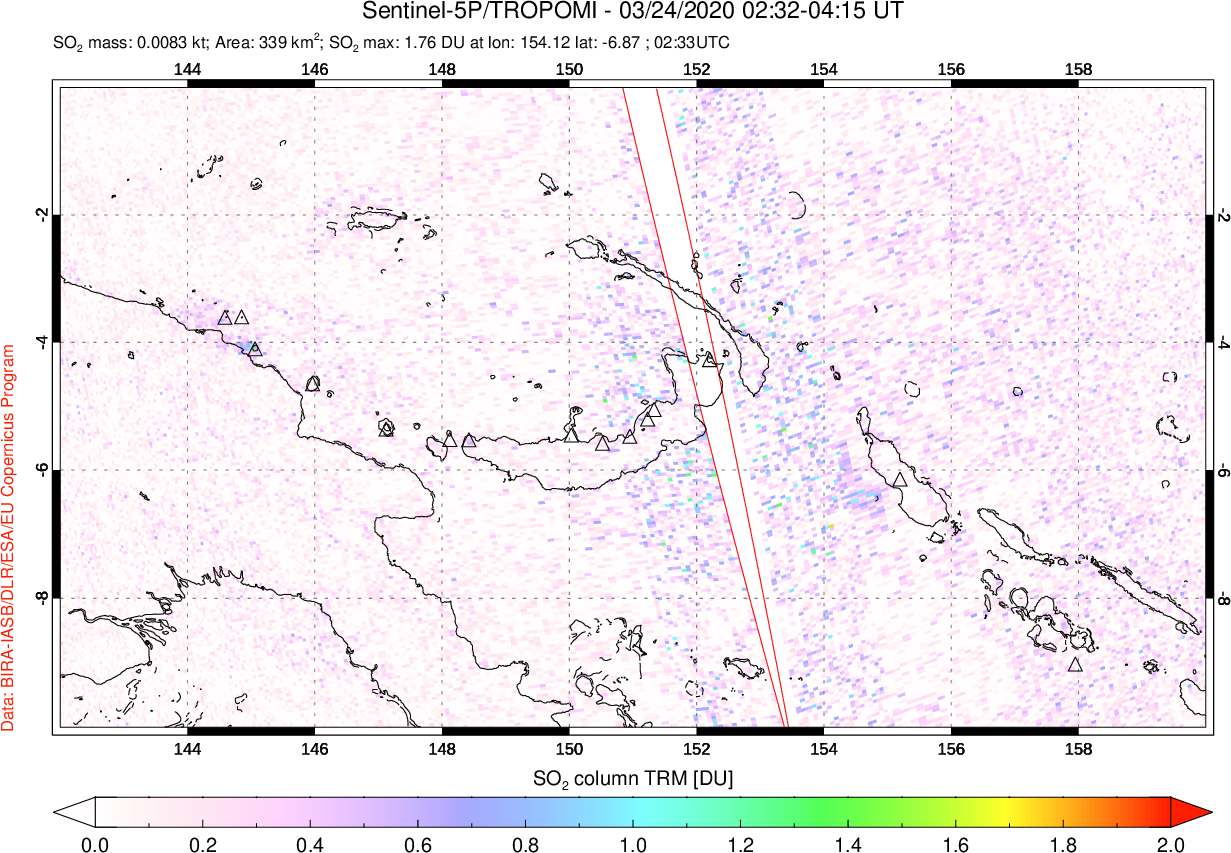 A sulfur dioxide image over Papua, New Guinea on Mar 24, 2020.