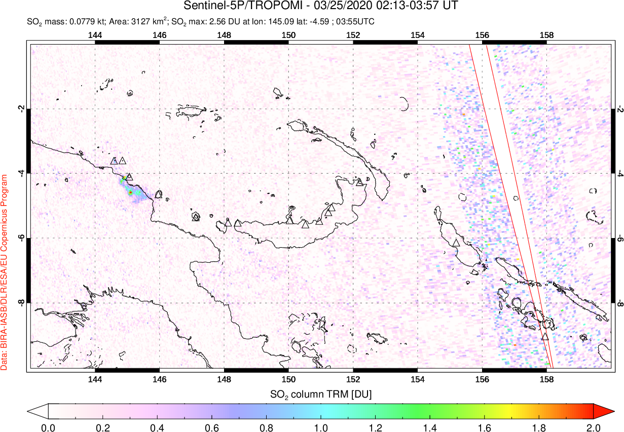 A sulfur dioxide image over Papua, New Guinea on Mar 25, 2020.